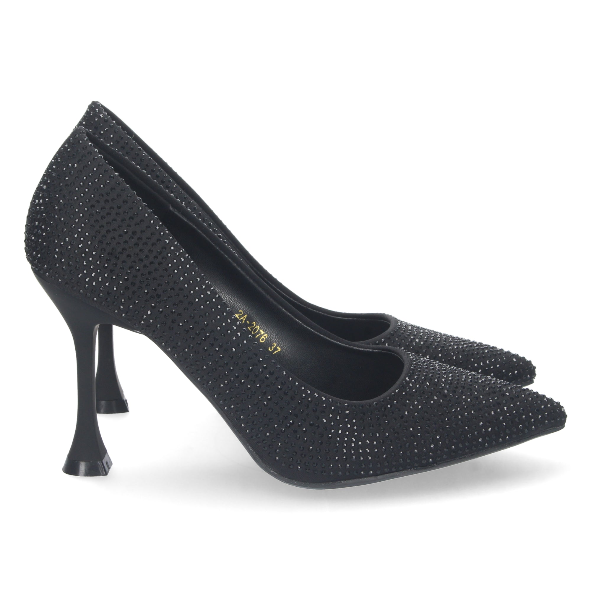 Zapato Negro de Salon y Strass con Tacón de Aguja Para Mujer