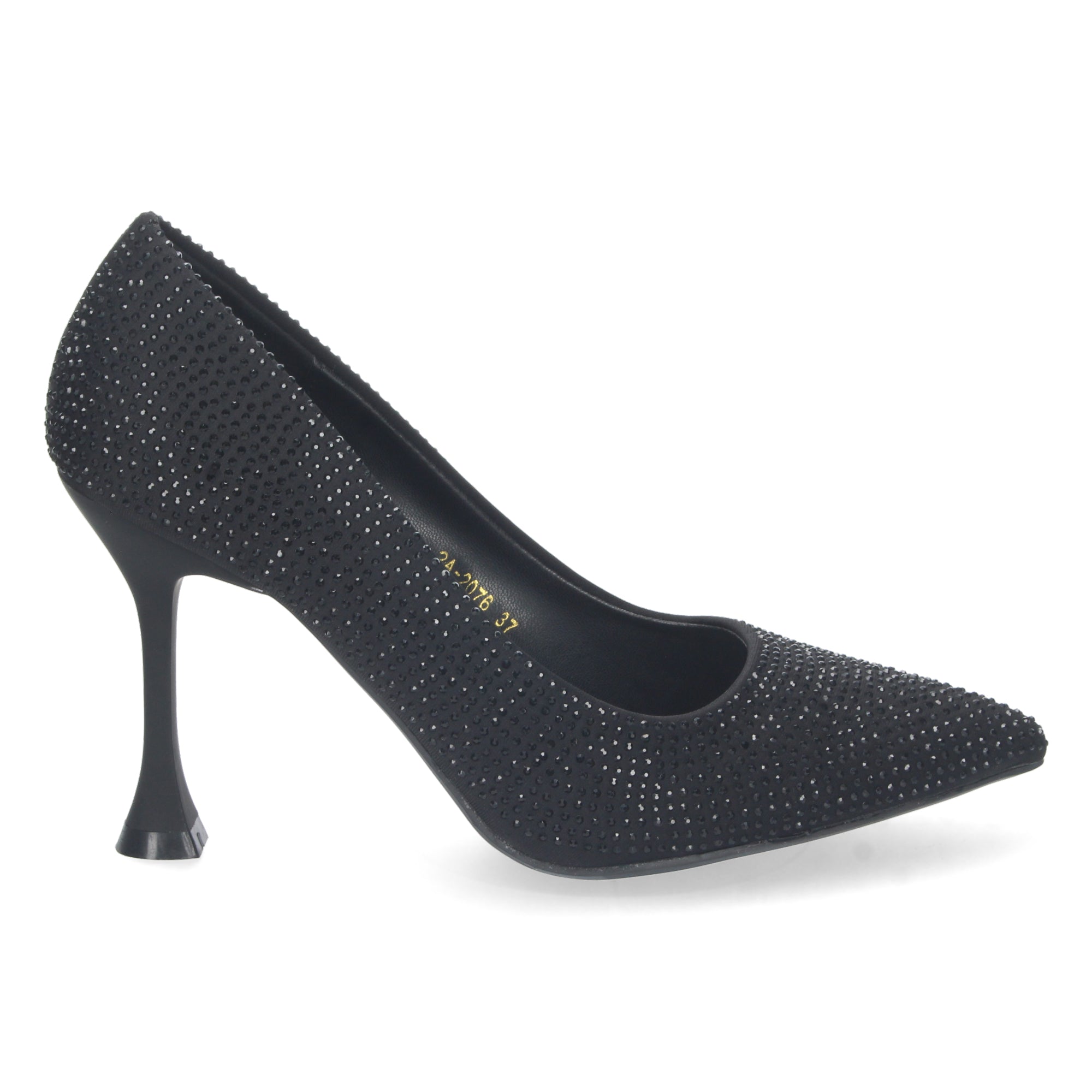 Zapato Negro de Salon y Strass con Tacón de Aguja Para Mujer