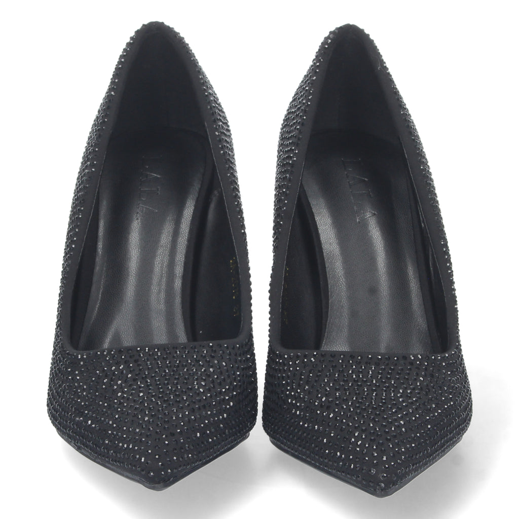 Zapato Negro de Salon y Strass con Tacón de Aguja Para Mujer