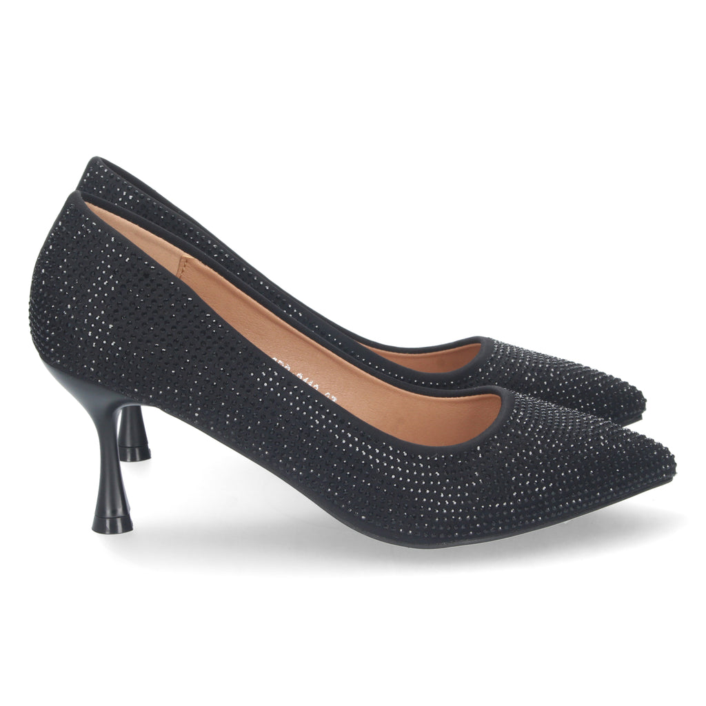 Zapato Negro de Salon y Strass con Tacón de Aguja Para Mujer