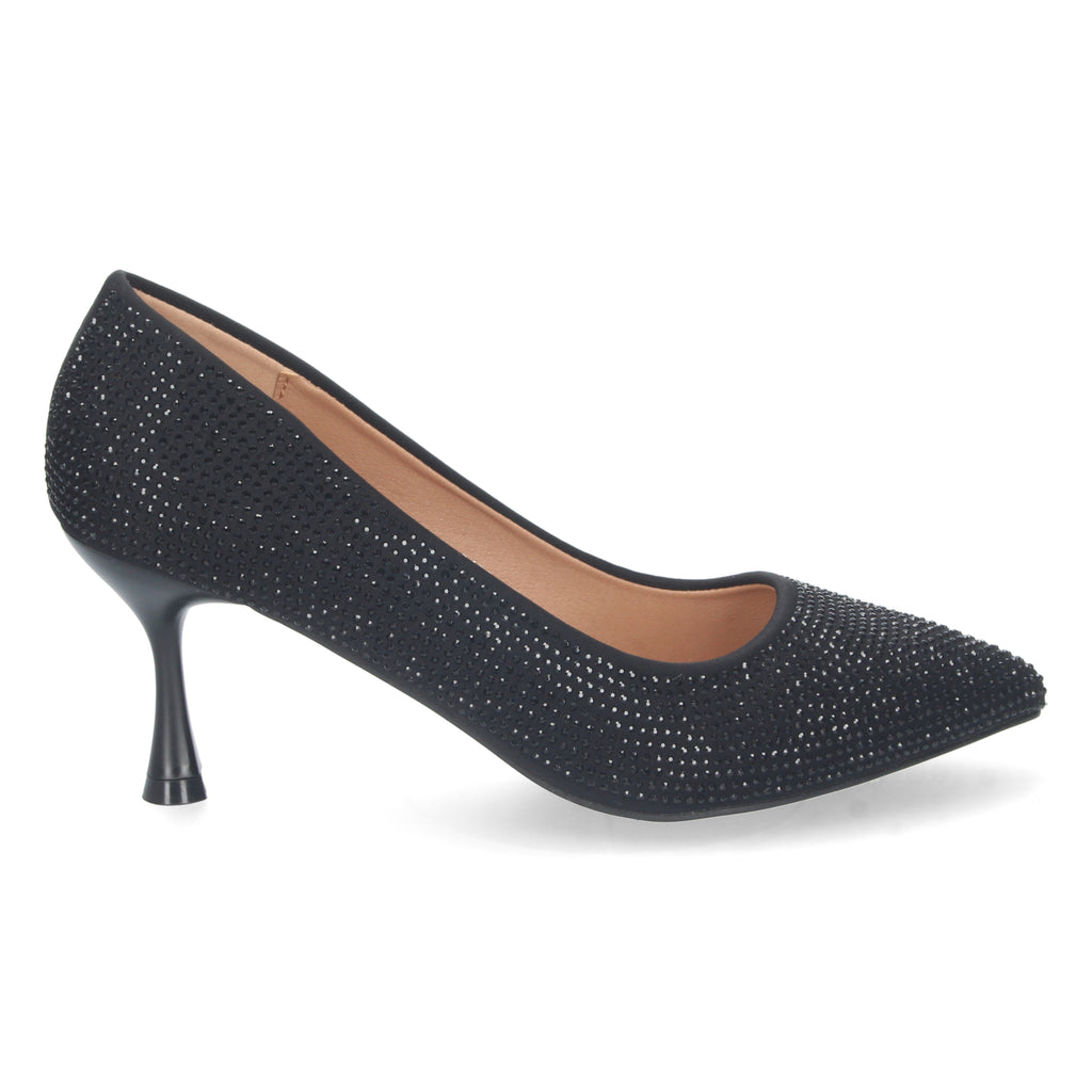 Zapato Negro de Salon y Strass con Tacón de Aguja Para Mujer