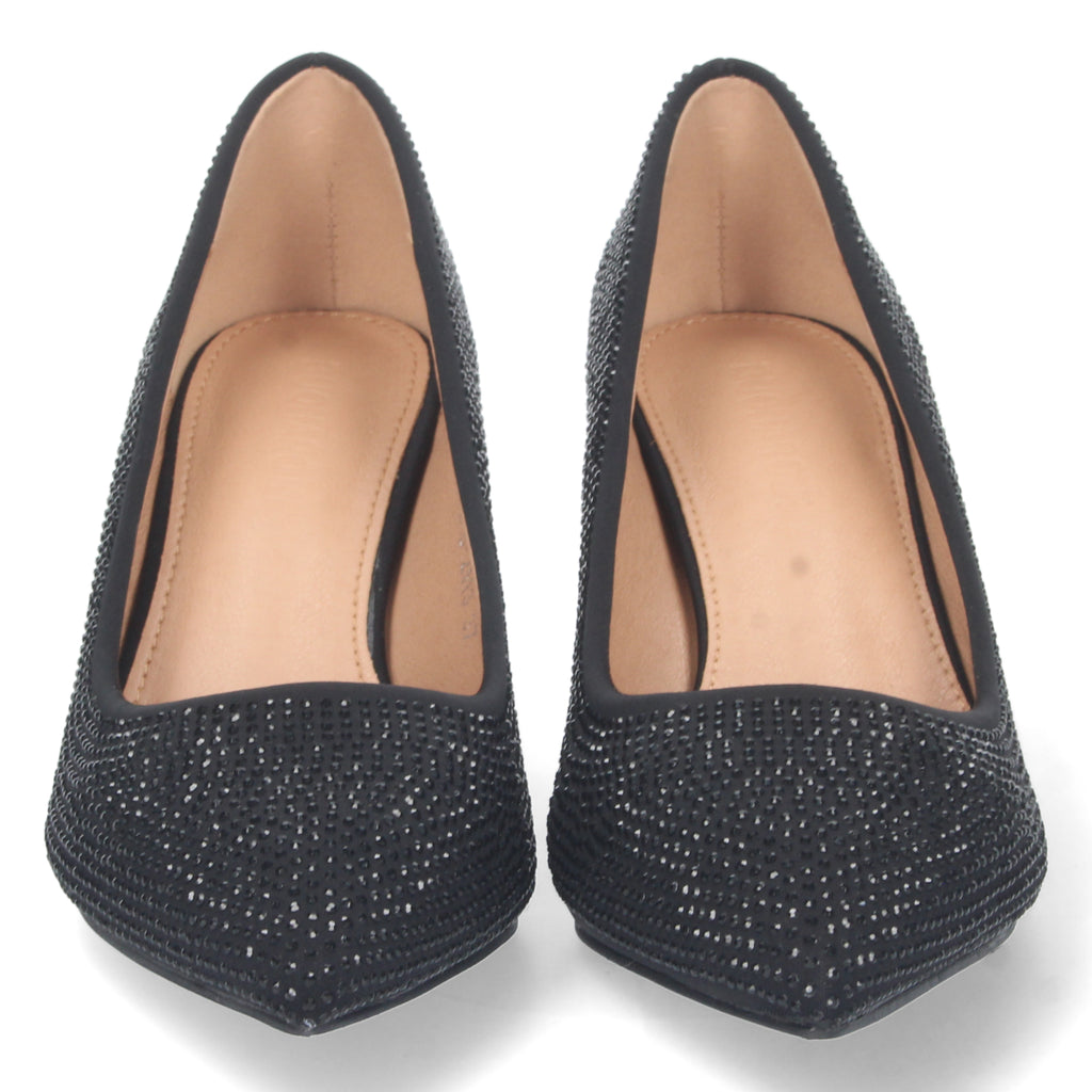 Zapato Negro de Salon y Strass con Tacón de Aguja Para Mujer
