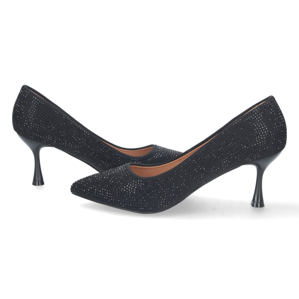Zapato Negro de Salon y Strass con Tacón de Aguja Para Mujer