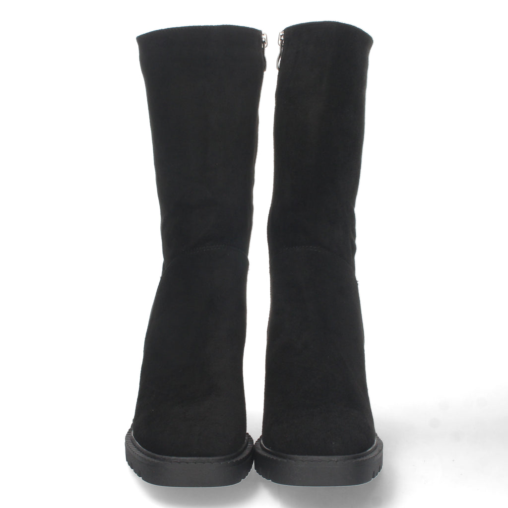 Bota de Tacón para Mujer Cómoda con Punta Redonda, Estampado Liso y Cremallera