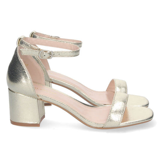 Cyrena Gold Strap – Sandalia Oro Ankle Strap de Tacón Cómodo con Pala Fina y Hebilla para Mujer