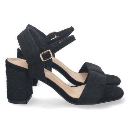 Cyrena Noir Luxe – Sandalia Negra de Tacón Medio para Mujer con Forrado de Yute y Pala Fina
