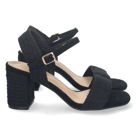 Cyrena Noir Luxe – Sandalia Negra de Tacón Medio para Mujer con Forrado de Yute y Pala Fina