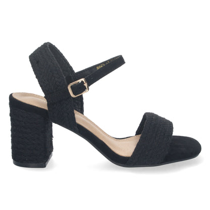 Cyrena Noir Luxe – Sandalia Negra de Tacón Medio para Mujer con Forrado de Yute y Pala Fina