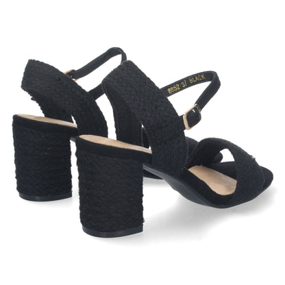 Cyrena Noir Luxe – Sandalia Negra de Tacón Medio para Mujer con Forrado de Yute y Pala Fina
