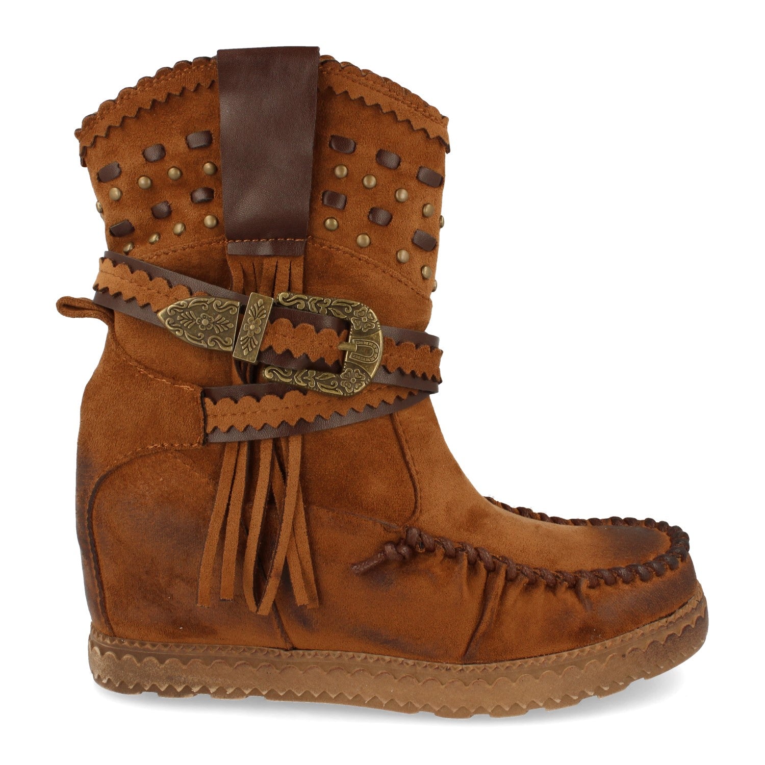 Bota de Estilo Indio para Mujer con Flecos y Hebillas