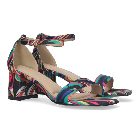 Cyrena Blue Spectrum – Sandalia Azul de Tacón con Pala Fina y Estampado Multicolor