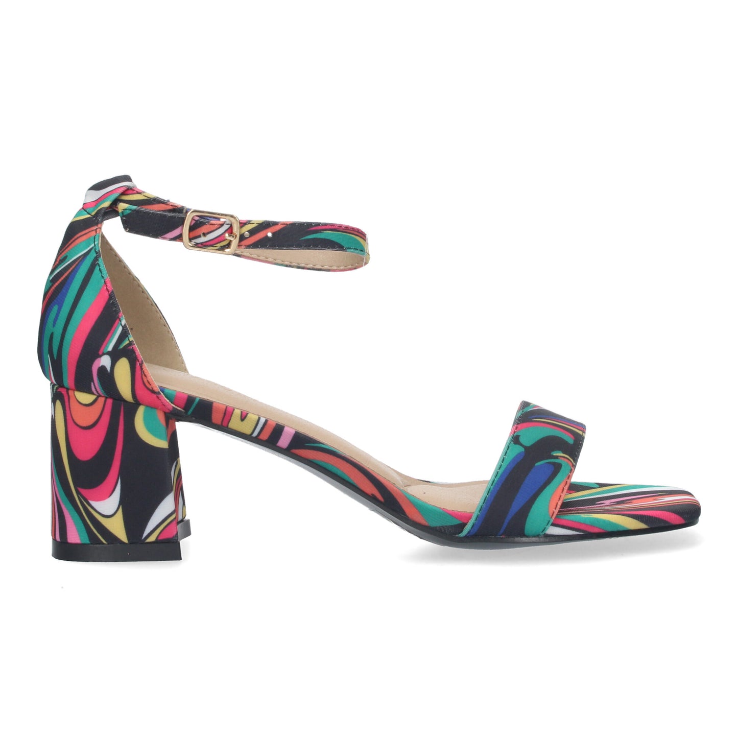 Cyrena Blue Spectrum – Sandalia Azul de Tacón con Pala Fina y Estampado Multicolor