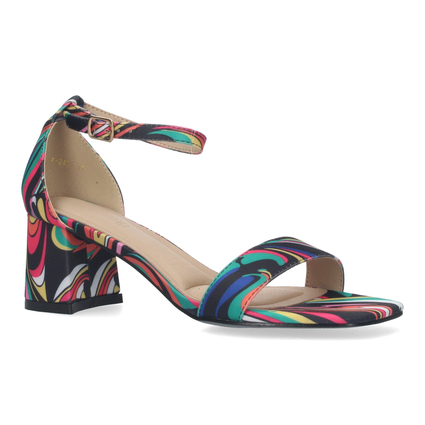 Cyrena Blue Spectrum – Sandalia Azul de Tacón con Pala Fina y Estampado Multicolor