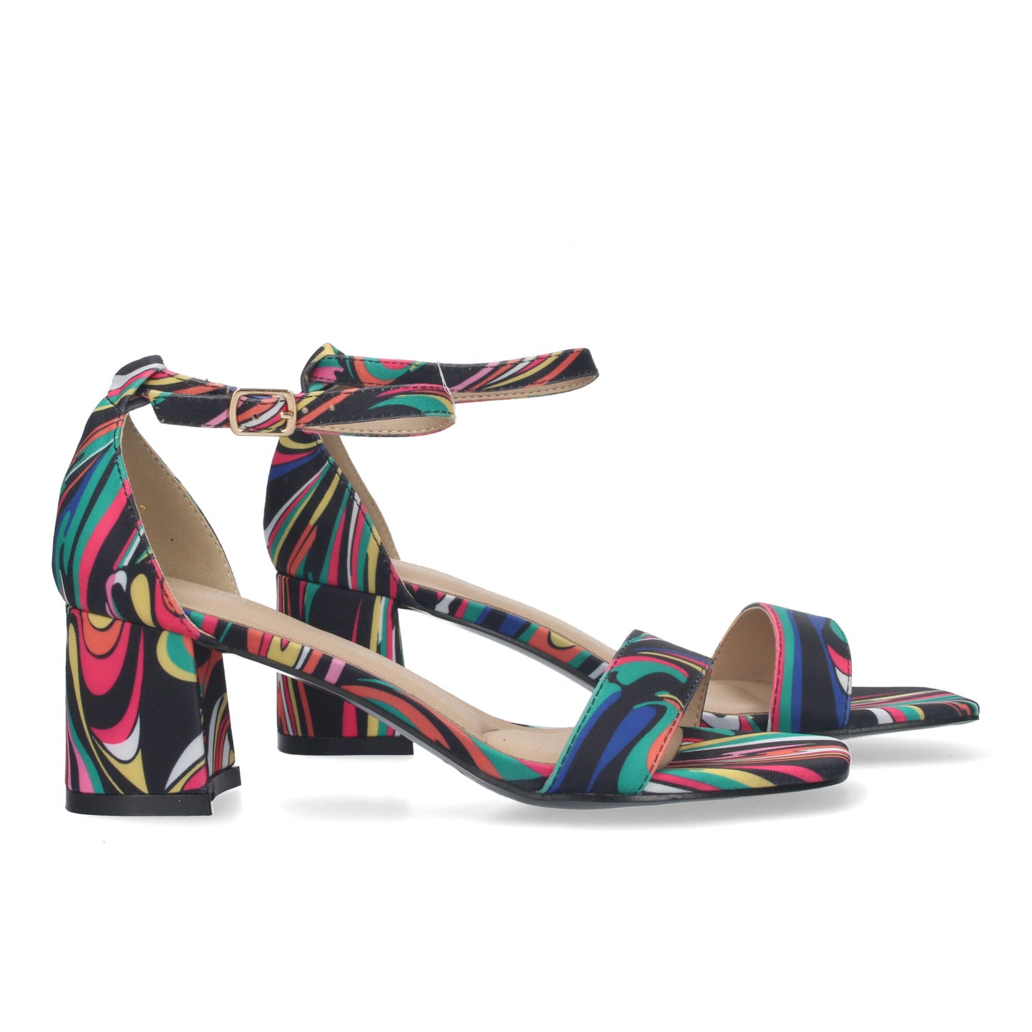 Cyrena Blue Spectrum – Sandalia Azul de Tacón con Pala Fina y Estampado Multicolor