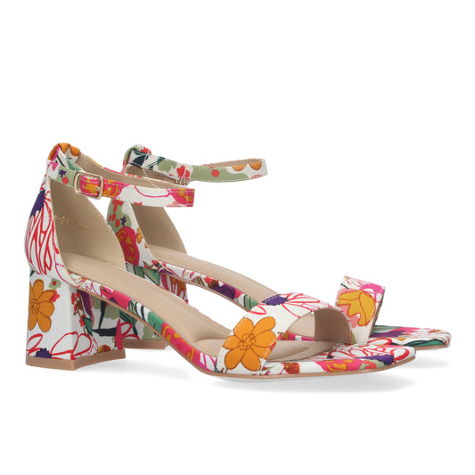 Cyrena White Prism – Sandalia Blanca de Tacón con Pala Fina y Estampado Multicolor