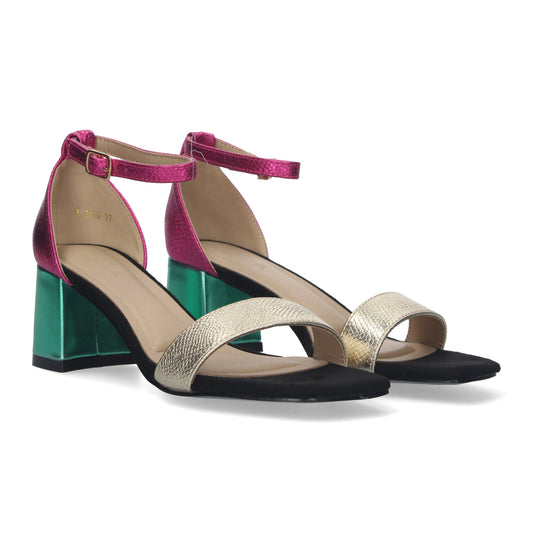 Cyrena Multicolor Chic – Sandalia de Tacón con Estampado Multicolor y Cierre Ankle Strap de Hebilla