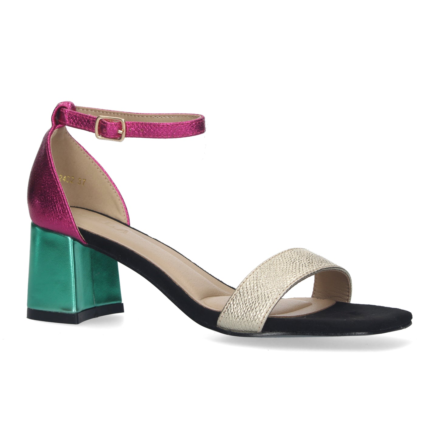 Cyrena Multicolor Chic – Sandalia de Tacón con Estampado Multicolor y Cierre Ankle Strap de Hebilla