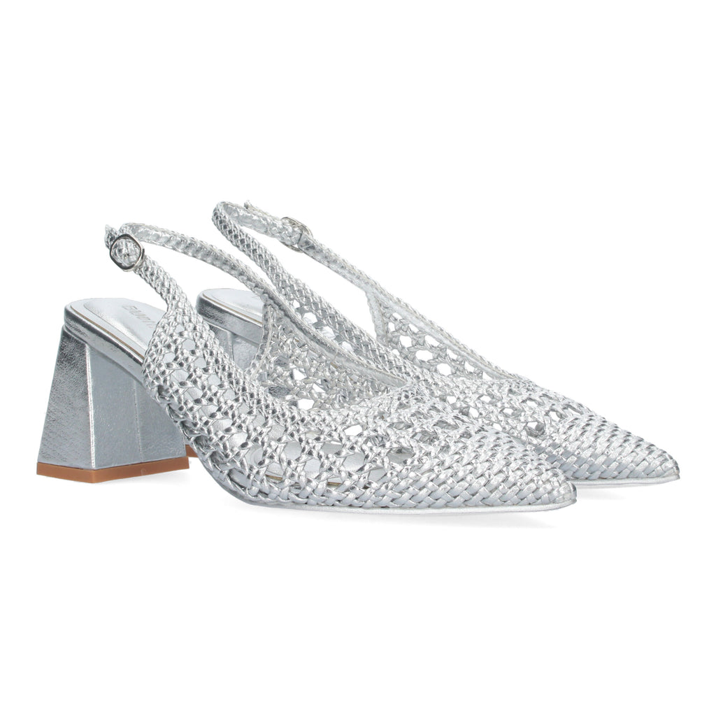 Zapato Plateado de Salon de Tacon Ancho para Mujer