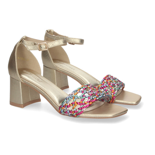 Cyrena Multicolor Flair – Sandalia Multicolor de Tacón con Adorno y Ankle Strap de Hebilla