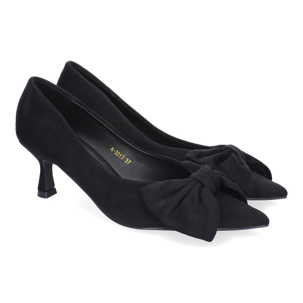 Zapato Negro de Salon Elegante de Tacon Bajo Con Lazo Y Punta Fina para Mujer