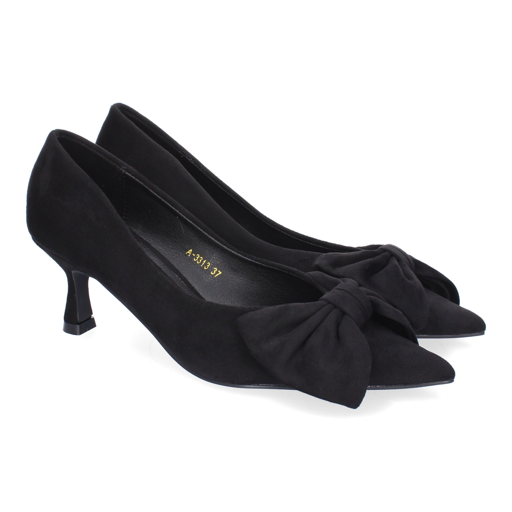 Zapato Negro de Salon Elegante de Tacon Bajo Con Lazo Y Punta Fina para Mujer
