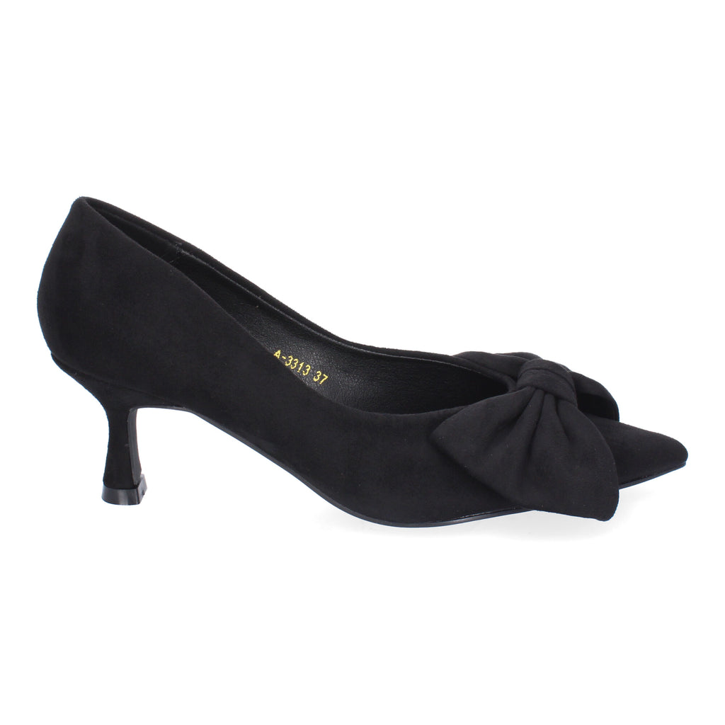 Zapato Negro de Salon Elegante de Tacon Bajo Con Lazo Y Punta Fina para Mujer