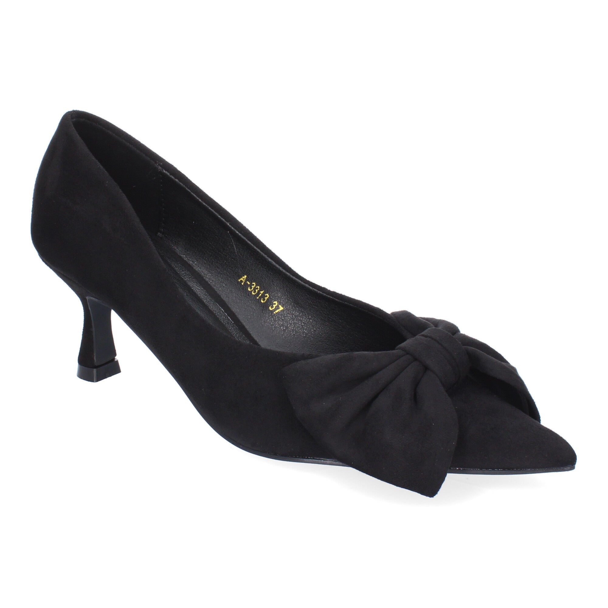 Zapato Negro de Salon Elegante de Tacon Bajo Con Lazo Y Punta Fina para Mujer