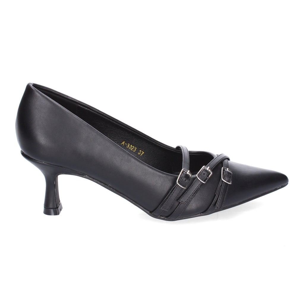 Zapato Negro de Salon Elegante Y Moderno de Tacon Bajo Fino  Y Punta Fina para Mujer