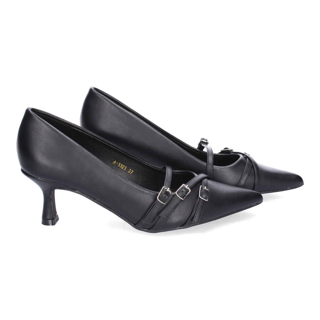 Zapato Negro de Salon Elegante Y Moderno de Tacon Bajo Fino  Y Punta Fina para Mujer
