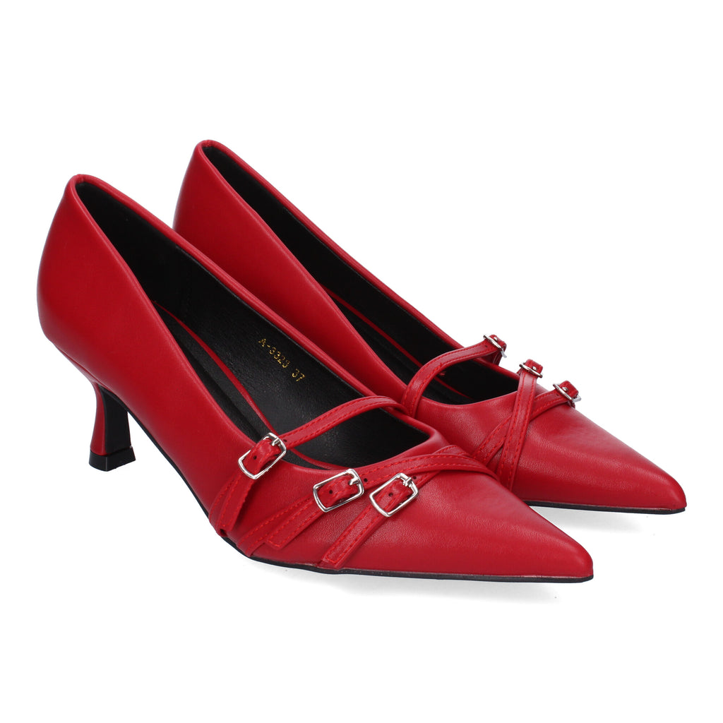 Zapato Rojo de Salon Elegante Y Moderno de Tacon Bajo Fino  Y Punta Fina para Mujer