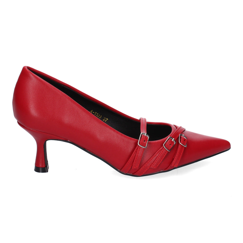 Zapato Rojo de Salon Elegante Y Moderno de Tacon Bajo Fino  Y Punta Fina para Mujer
