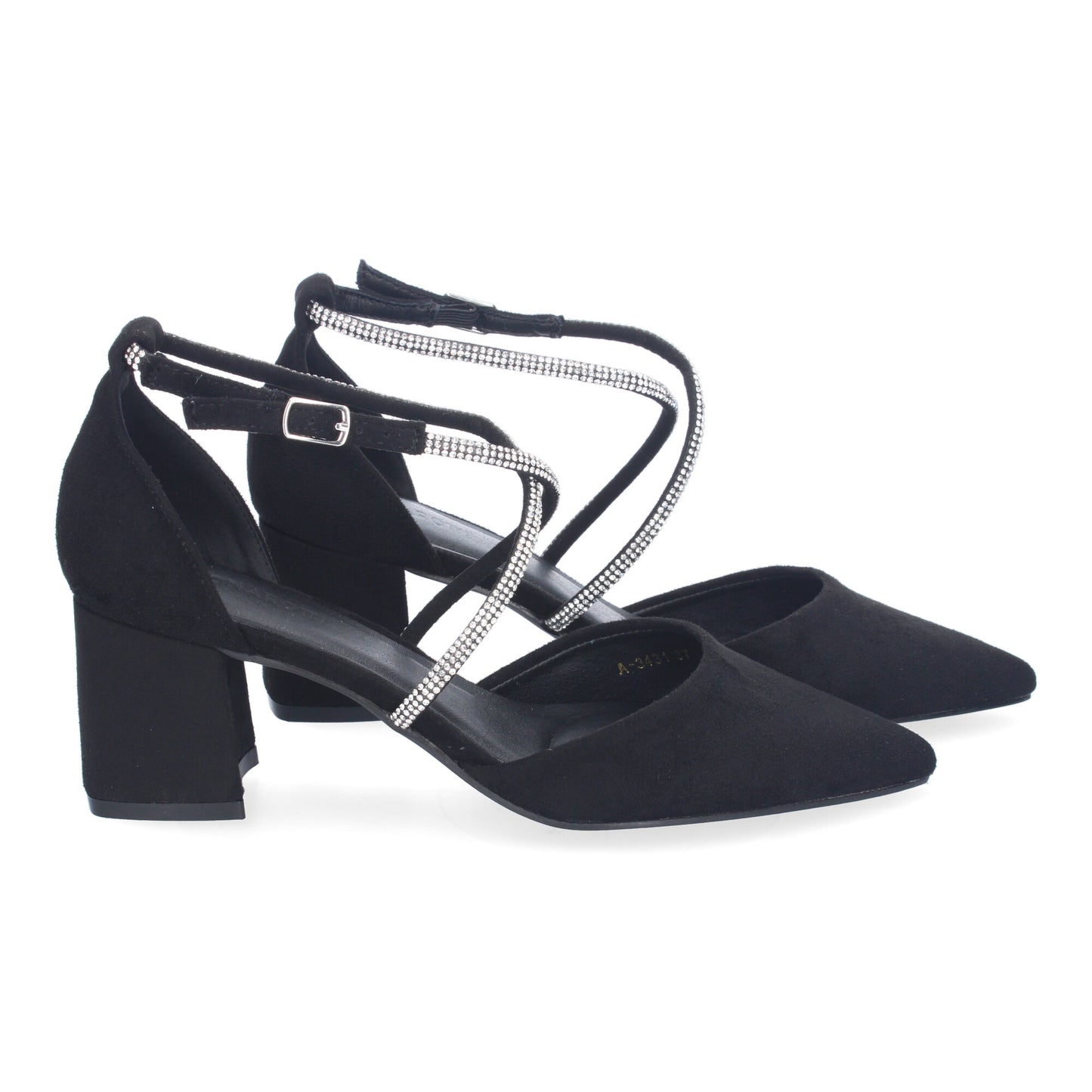 Cyrena Black Shine – Sandalia Negra Brillante de Tacón Cómodo con Tiras Brillantes y Hebilla para Mujer