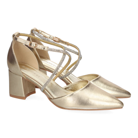 Cyrena Gold Shine – Sandalia Oro Brillante de Tacón Cómodo con Tiras Brillantes y Hebilla para Mujer