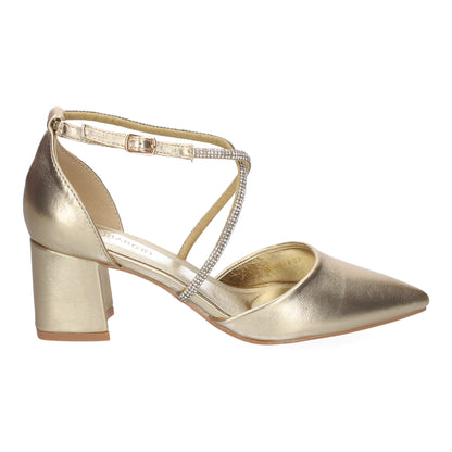 Cyrena Gold Shine – Sandalia Oro Brillante de Tacón Cómodo con Tiras Brillantes y Hebilla para Mujer