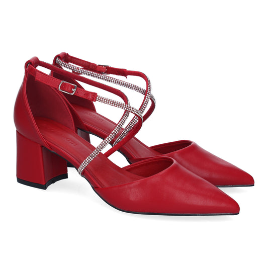 Cyrena Red Glow – Sandalia Roja Brillante de Tacón Cómodo con Tiras Brillantes y Hebilla para Mujerrano Cyrena