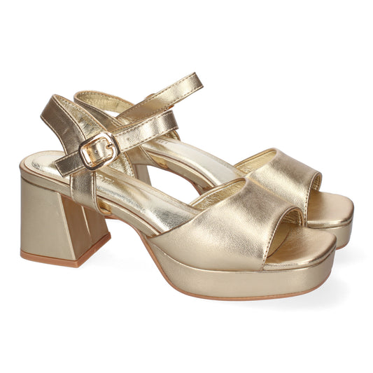 Cyrena Golden Glow – Sandalias Doradas de Tacón para Mujer con Correa Ajustable y Puntera Abierta
