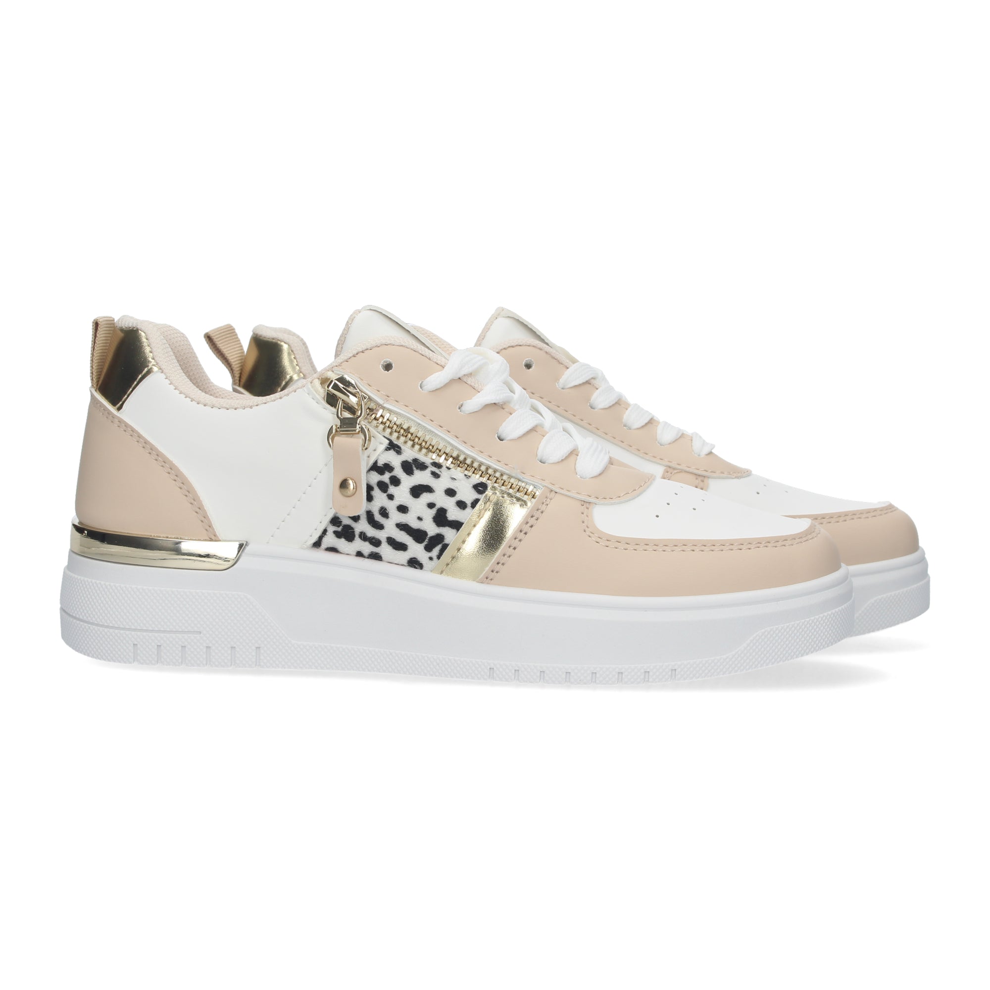 Zapatillas de Mujer Blancas con Animal Print y Detalles Dorados