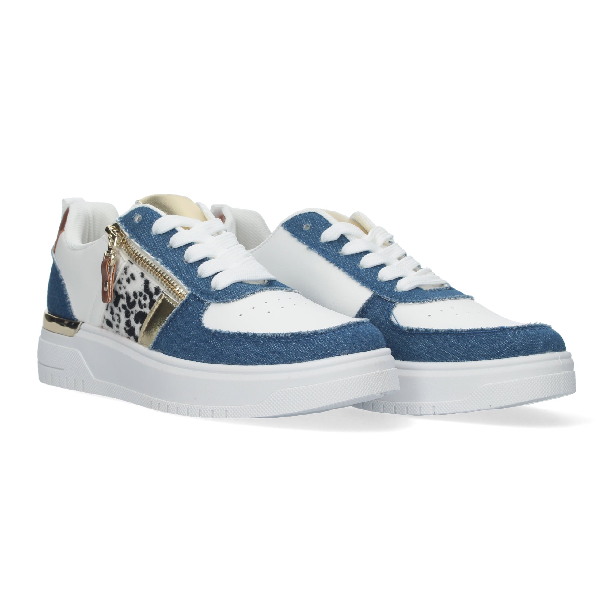Zapatillas de Mujer Tela Vaquera Azul con Animal Print y Detalles Dorados
