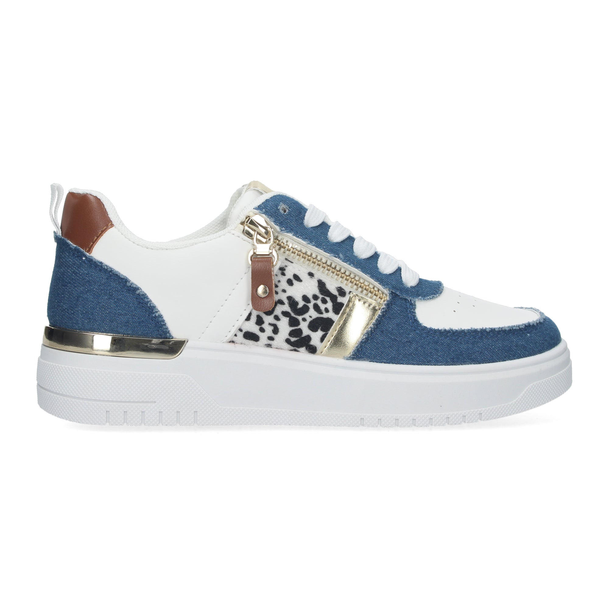 Zapatillas de Mujer Tela Vaquera Azul con Animal Print y Detalles Dorados