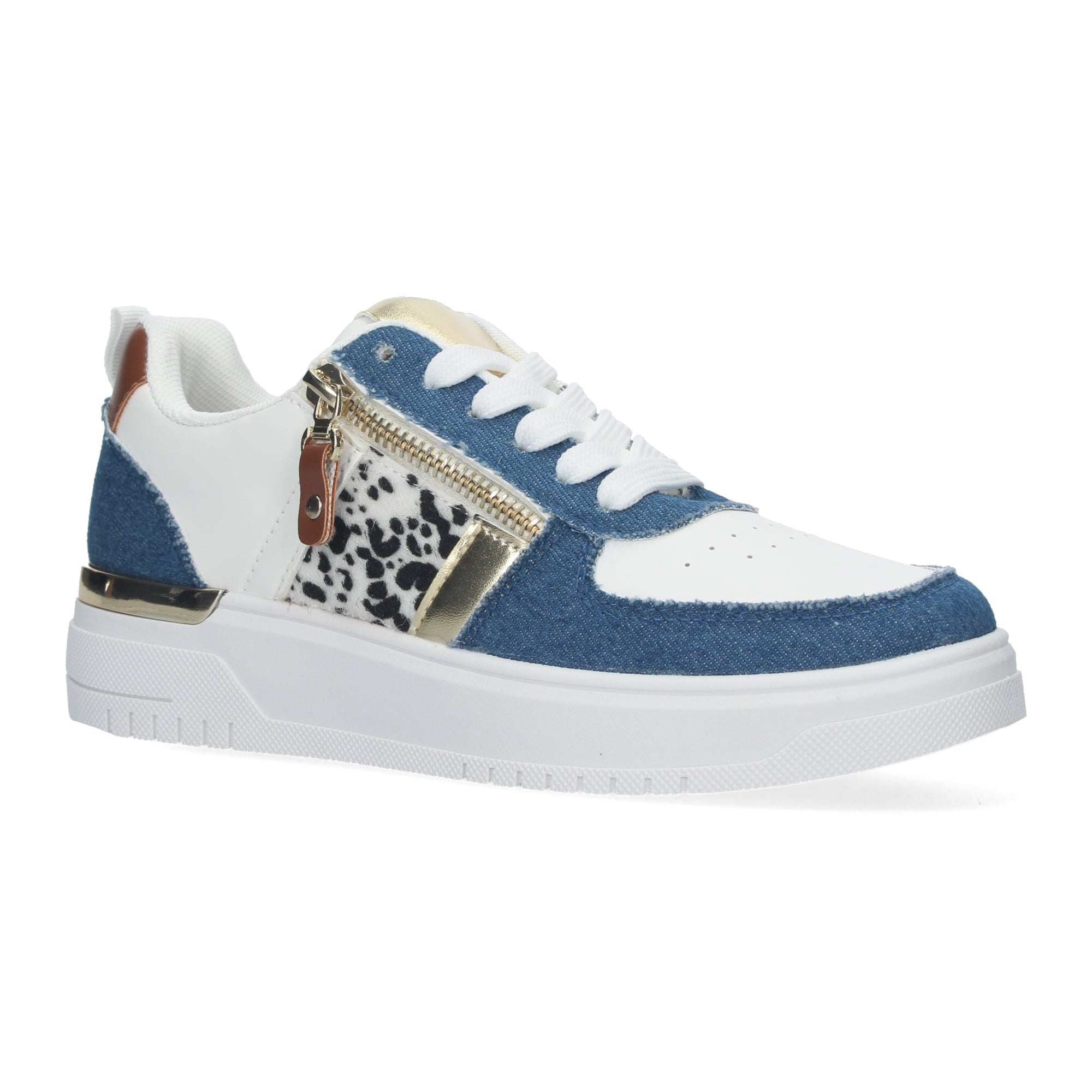 Zapatillas de Mujer Tela Vaquera Azul con Animal Print y Detalles Dorados