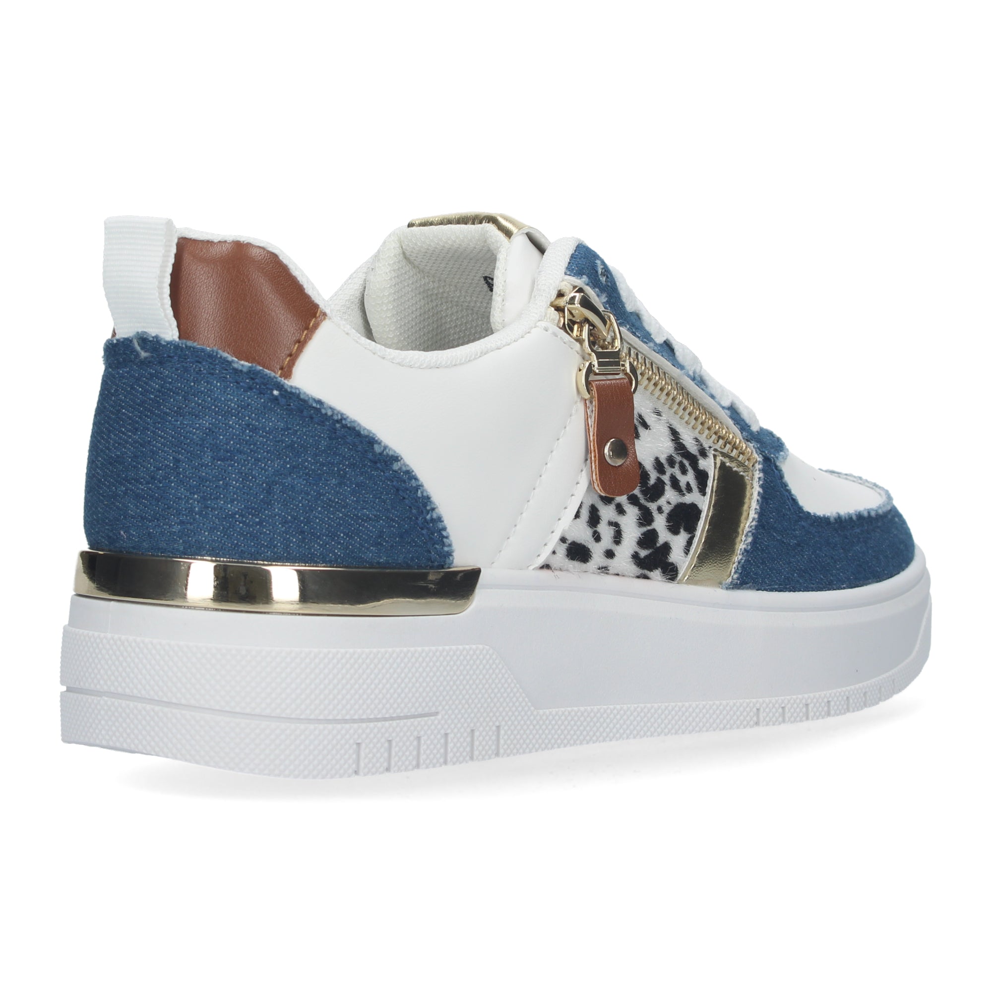 Zapatillas de Mujer Tela Vaquera Azul con Animal Print y Detalles Dorados