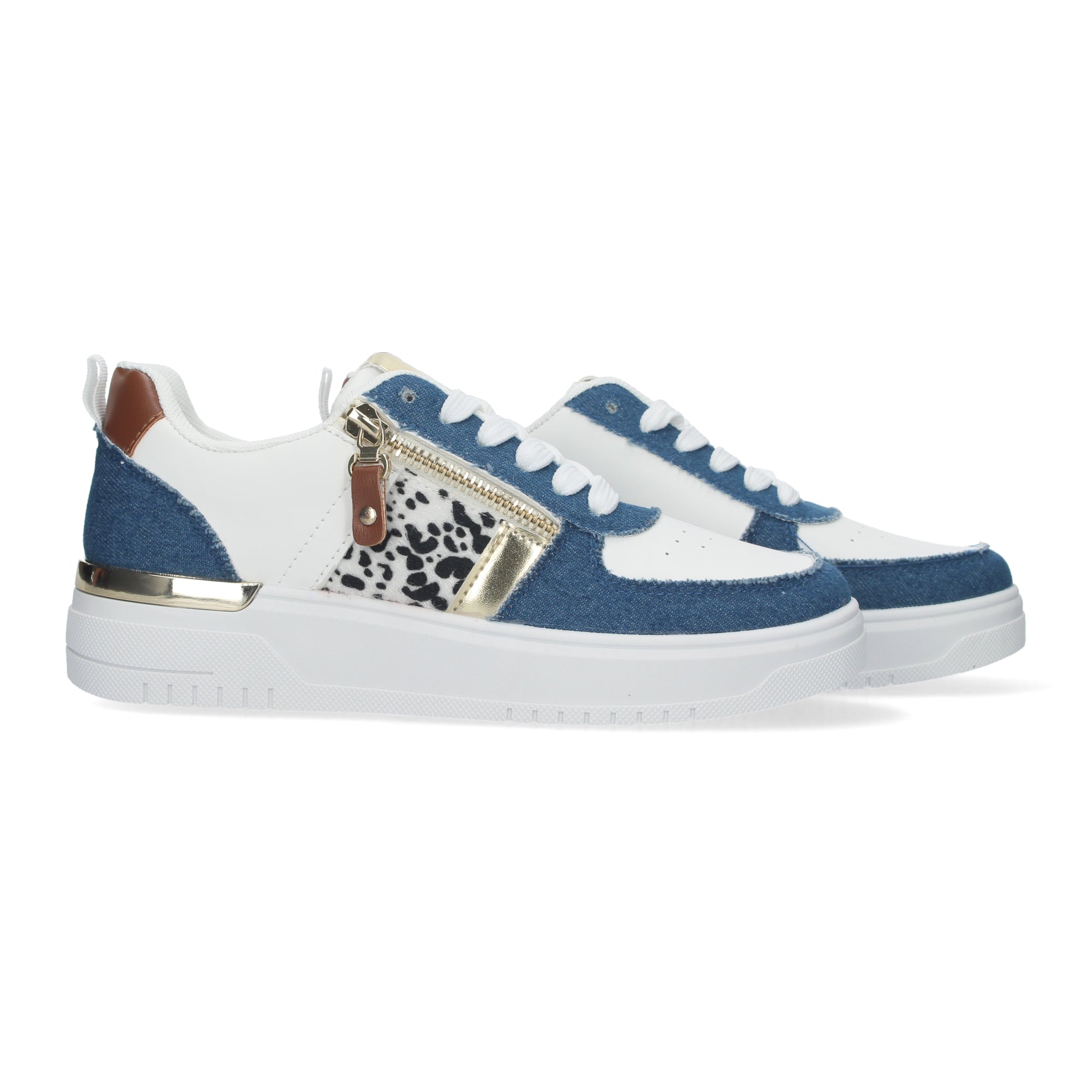 Zapatillas de Mujer Tela Vaquera Azul con Animal Print y Detalles Dorados