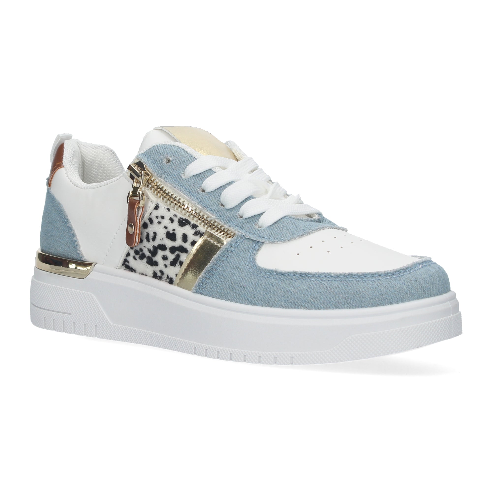 Zapatillas de Mujer Azules con Animal Print y Detalles Dorados