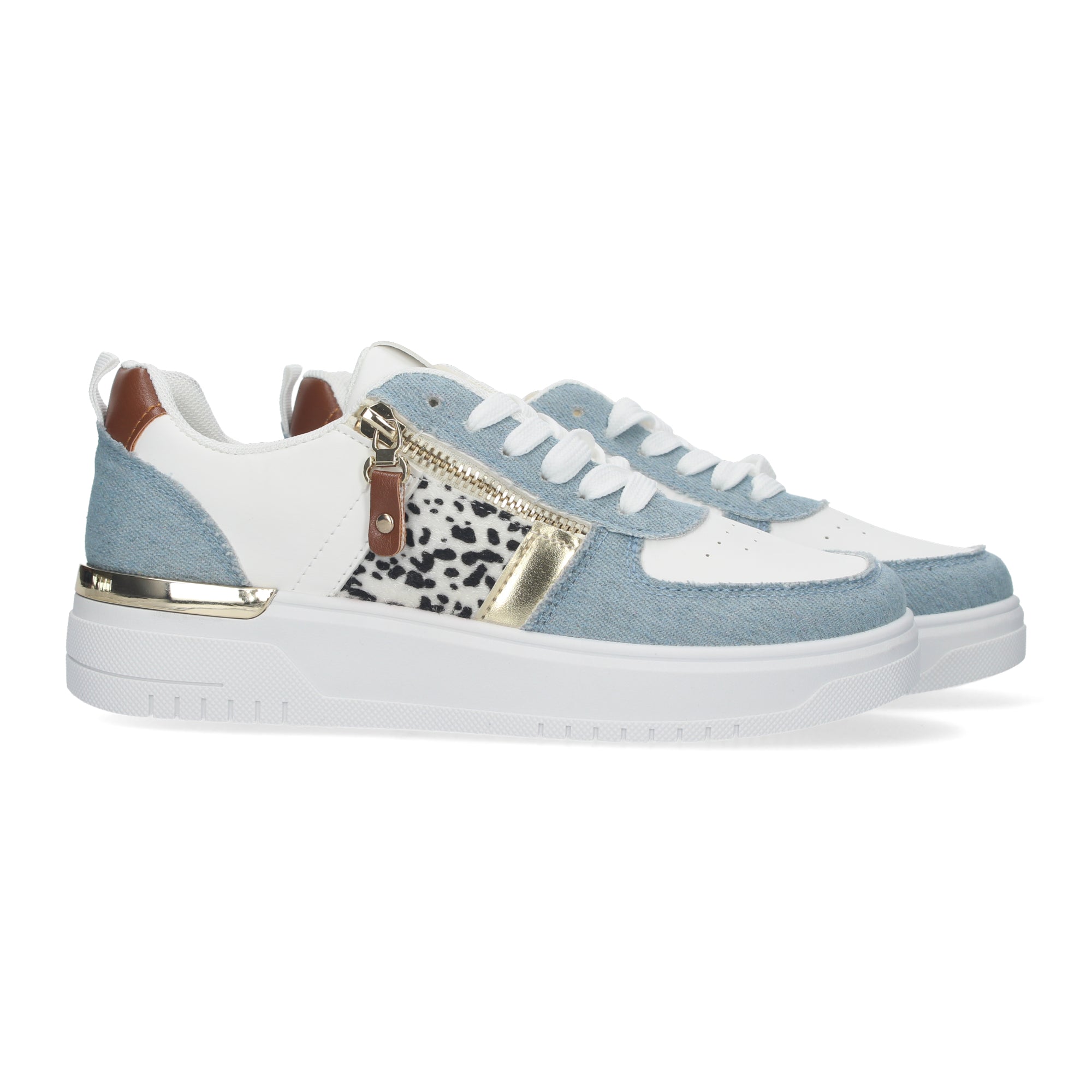 Zapatillas de Mujer Azules con Animal Print y Detalles Dorados