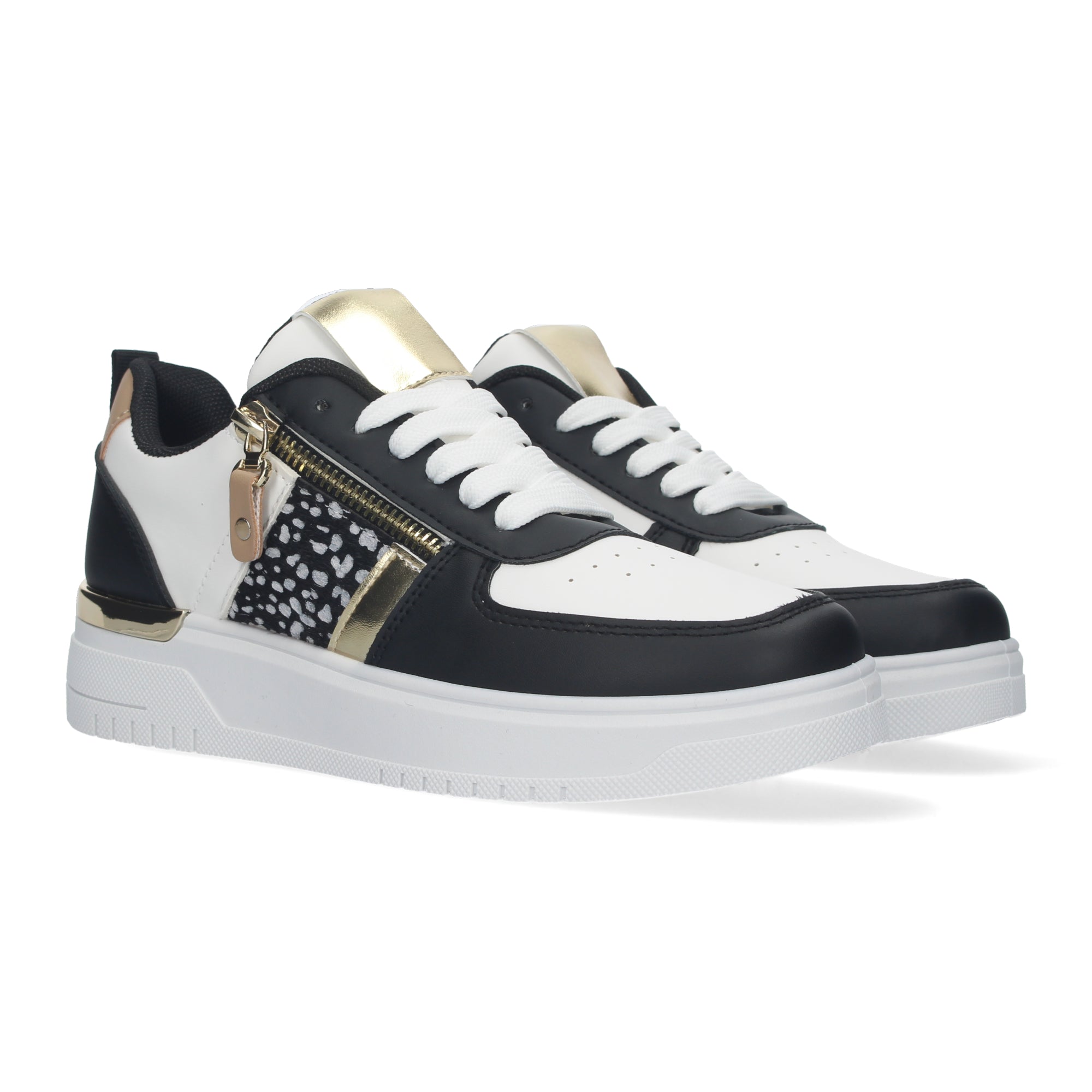 Zapatillas de Mujer Negras con Animal Print y Detalles Dorados