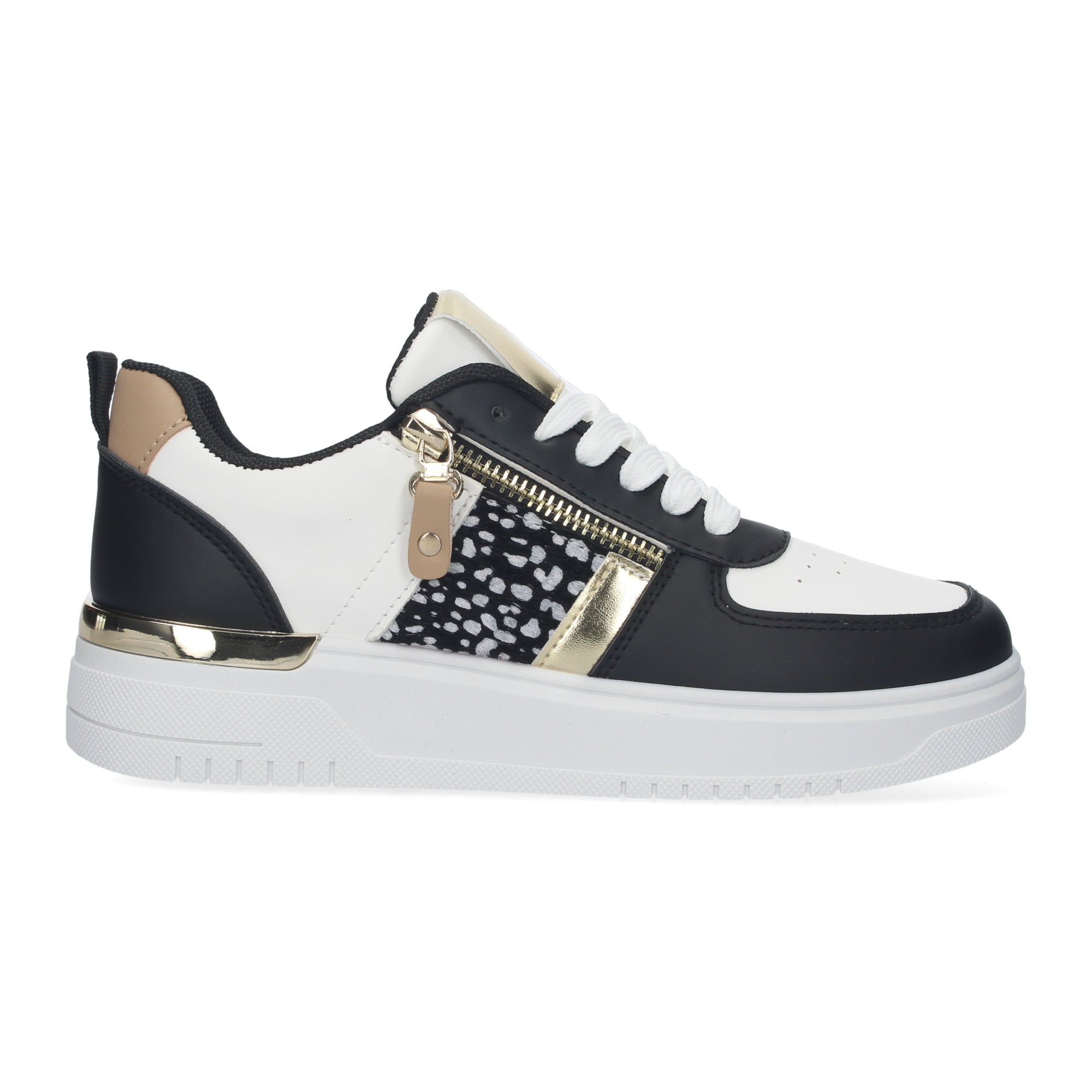 Zapatillas de Mujer Negras con Animal Print y Detalles Dorados