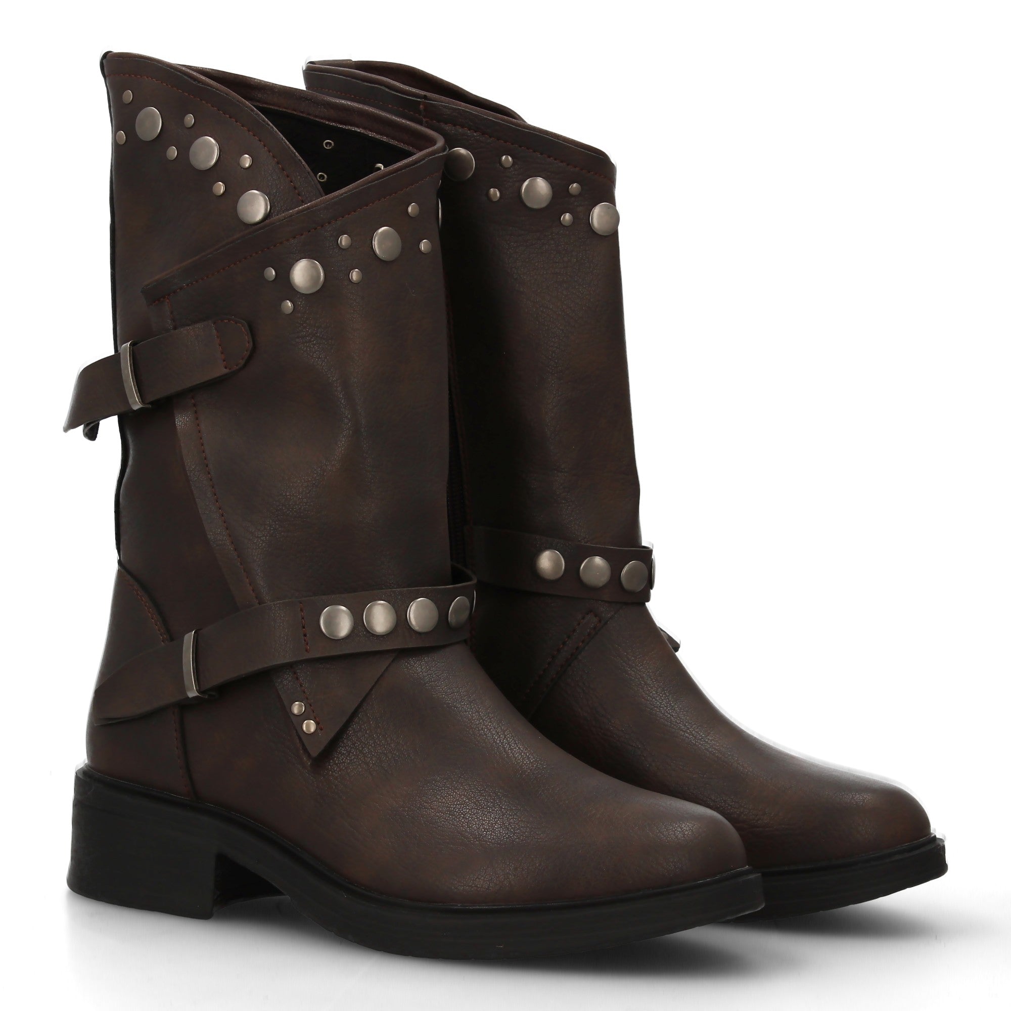 Botas de Mujer Estilo Urbano con Tachuelas, Hebillas y Cierre de Cremallera
