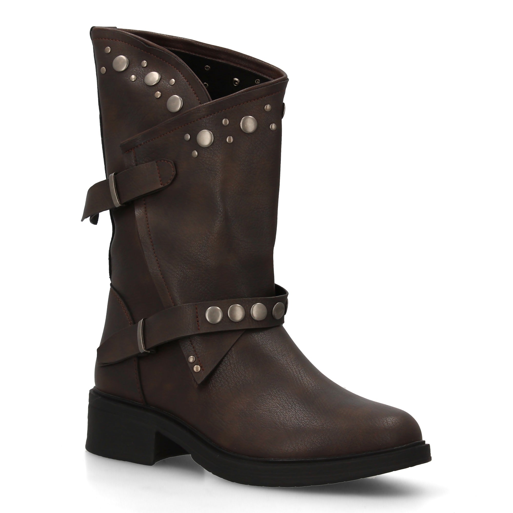 Botas de Mujer Estilo Urbano con Tachuelas, Hebillas y Cierre de Cremallera