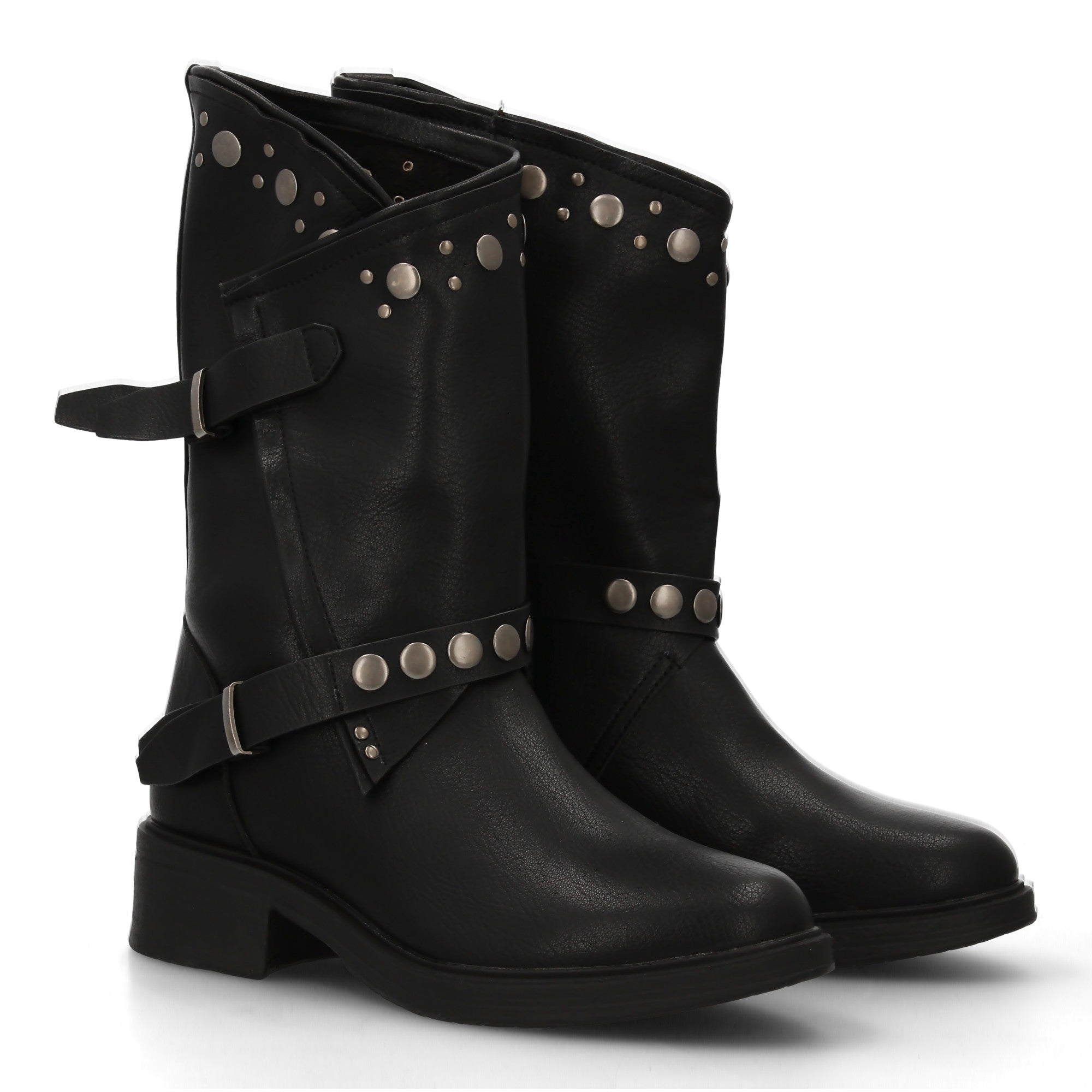 Botas de Mujer Estilo Urbano con Tachuelas, Hebillas y Cierre de Cremallera