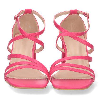 Cyrena Timeless – Sandalia fucsia de Tacón con Palas Finas Cruzadas y Cierre de Hebilla